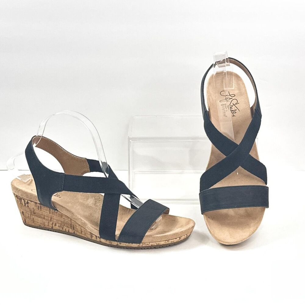 LifeStride Mexico Sandals Womens 9.5 Black Strappy Slingback Cork Wedge